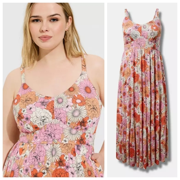 TORRID Super Soft Knit Jersey Floral Pink Orange Tiered Maxi Dress, Size 00, M/L - Picture 2 of 14